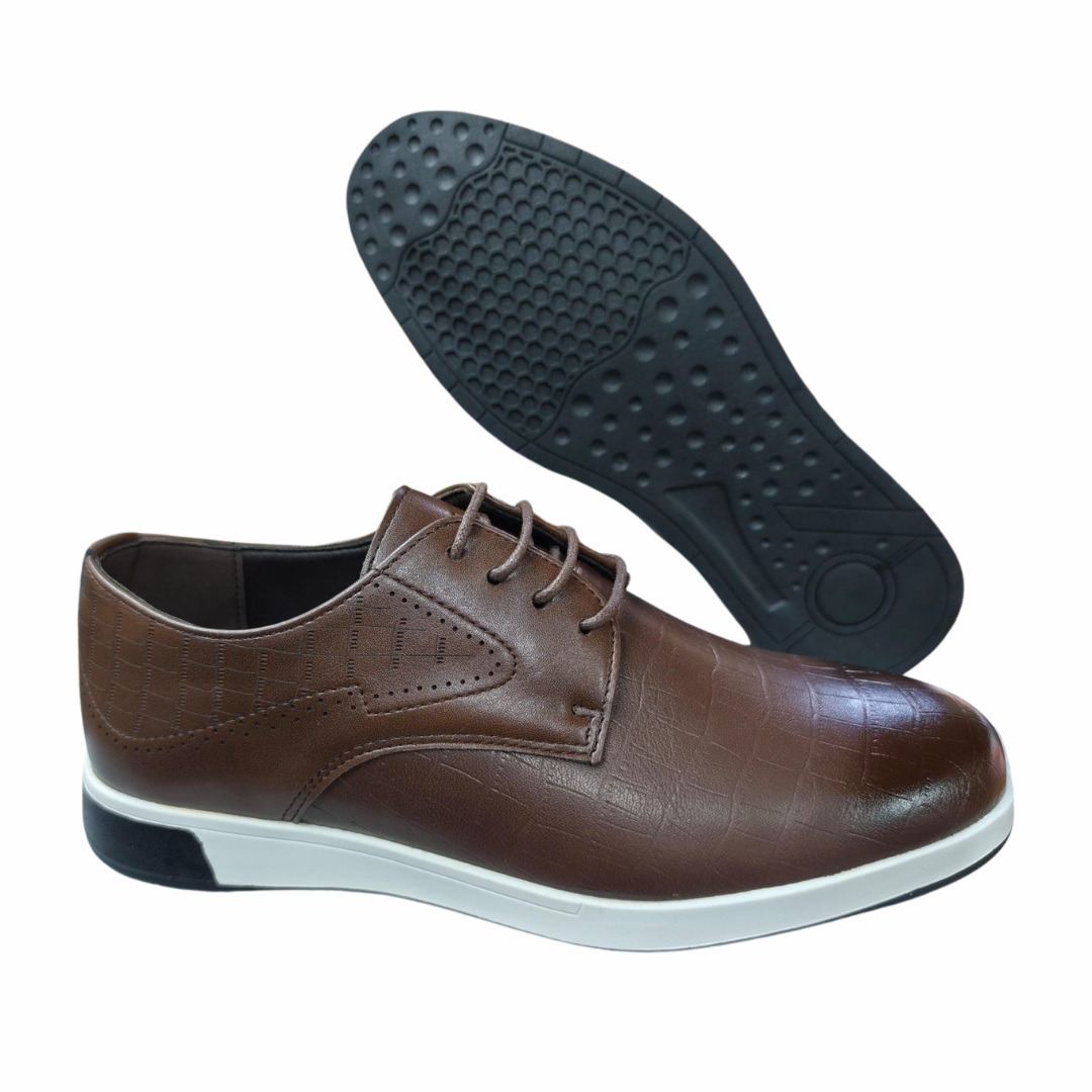 Men's Smart Casual Croc-Embossed Tan Leather Derby Shoes - Image 3