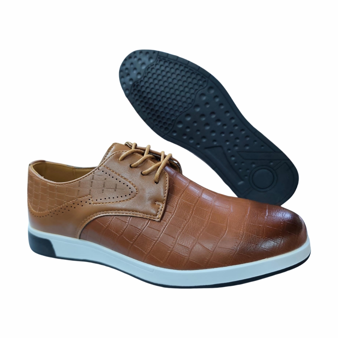 Men's Smart Casual Croc-Embossed Tan Leather Derby Shoes